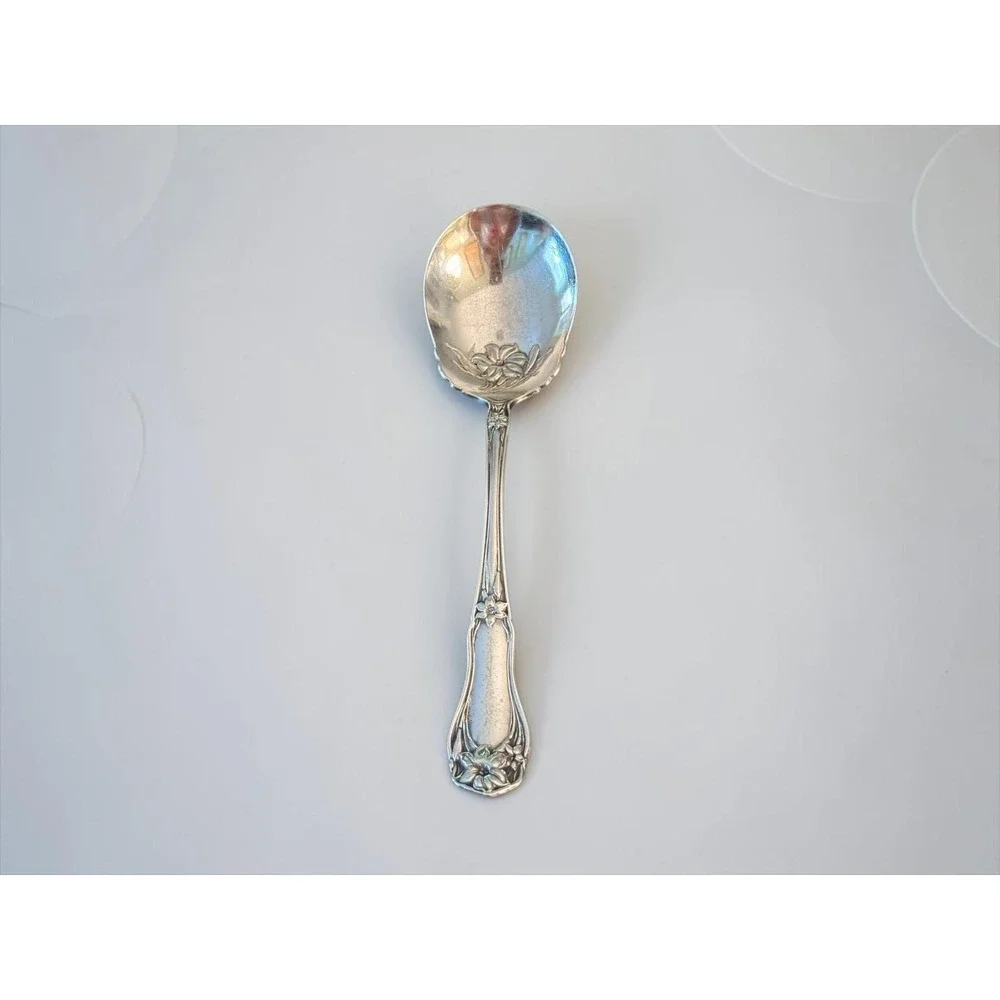Vintage Art Nouveau Silver Plate Sugar Spoon Floral Lily Scalloped Bowl Serving